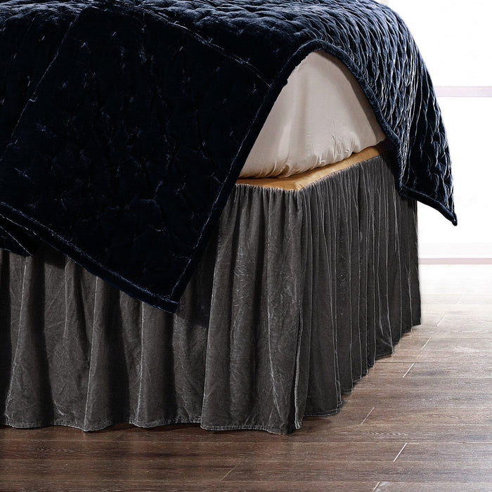 Stella - Queen Faux Silk Velvet Bed Skirt - Dark Slate