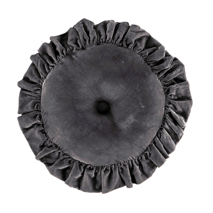 Stella - Faux Silk Velvet Ruffled Round Pillow - Dark Slate
