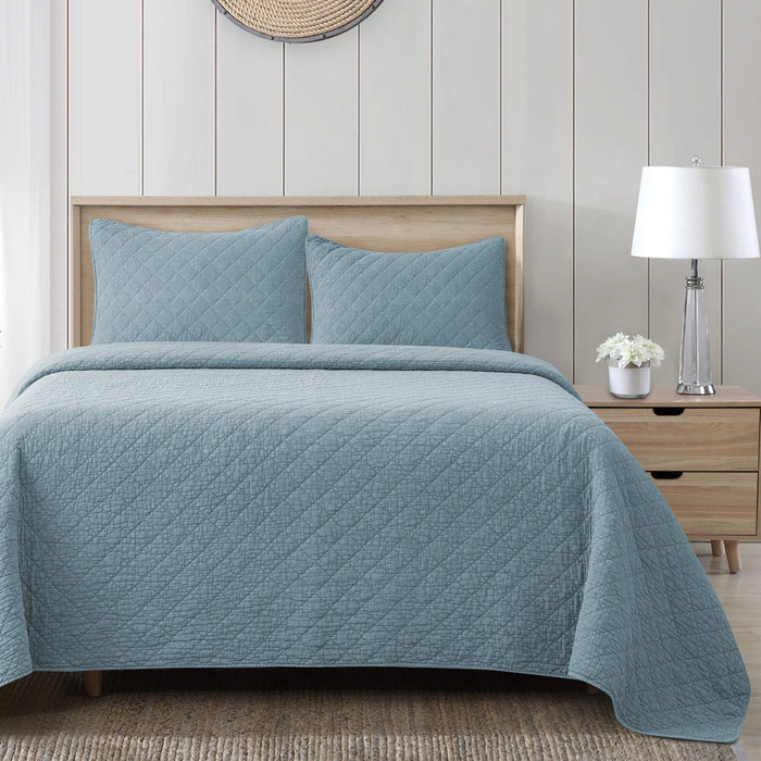 Cotton Gauze - King Stonewashed Quilt Set (Set of 3) - Mineral Blue