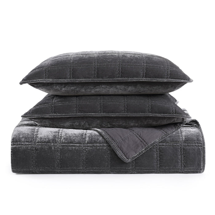 Stella - King Faux Silk Velvet Double Box Stitch Quilt Set (Set of 3) - Slate