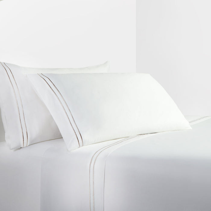 Stripe Sheet - Queen 350TC Embroidered Stripe Sheet Set (Set of 4) - White / Taupe