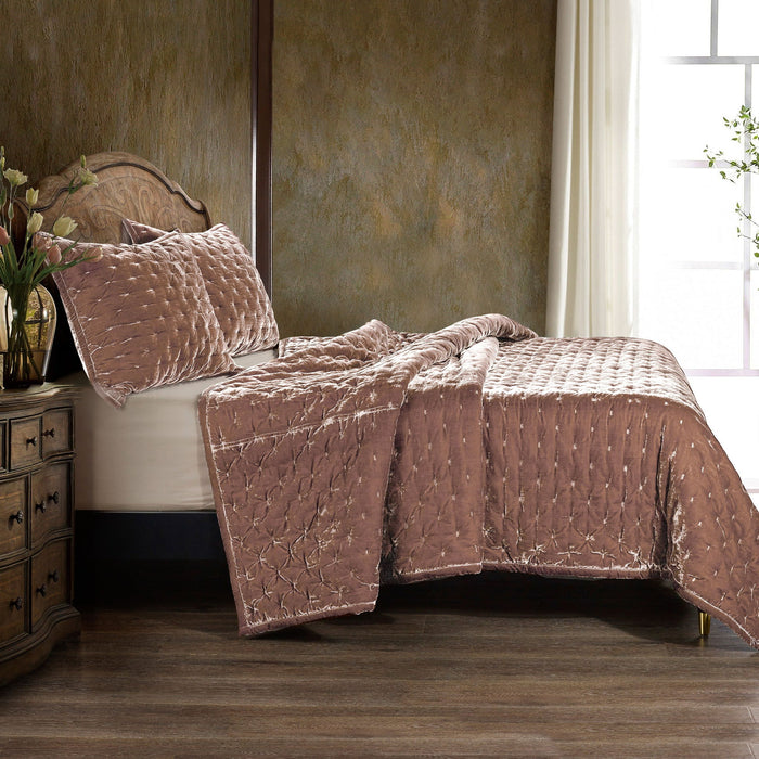 Stella - King Faux Silk Velvet Pintuck Quilt - Dusty Rose