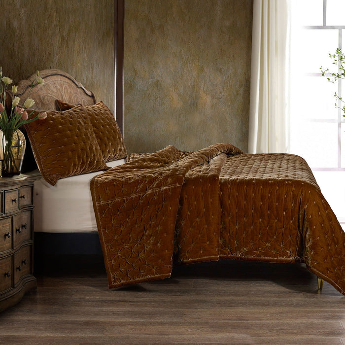 Stella - Full/Queen Faux Silk Velvet Pintuck Quilt Set (Set of 3) - Copper Brown