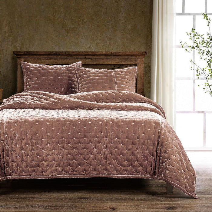 Stella - Full/Queen Faux Silk Velvet Pintuck Quilt Set (Set of 3) - Dusty Rose