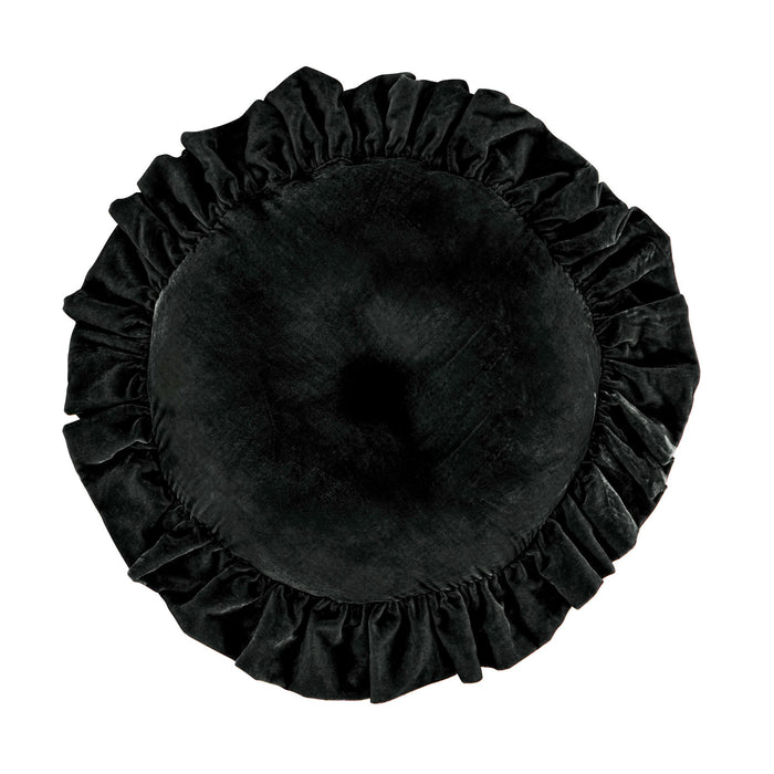Stella - Faux Silk Velvet Ruffled Round Pillow - Black