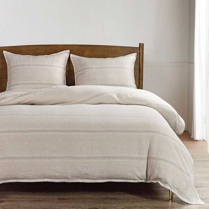 100% French Flax Linen - Queen Variegated Stripe Duvet Cover Set (Set of 3) - Natural / Light Blue