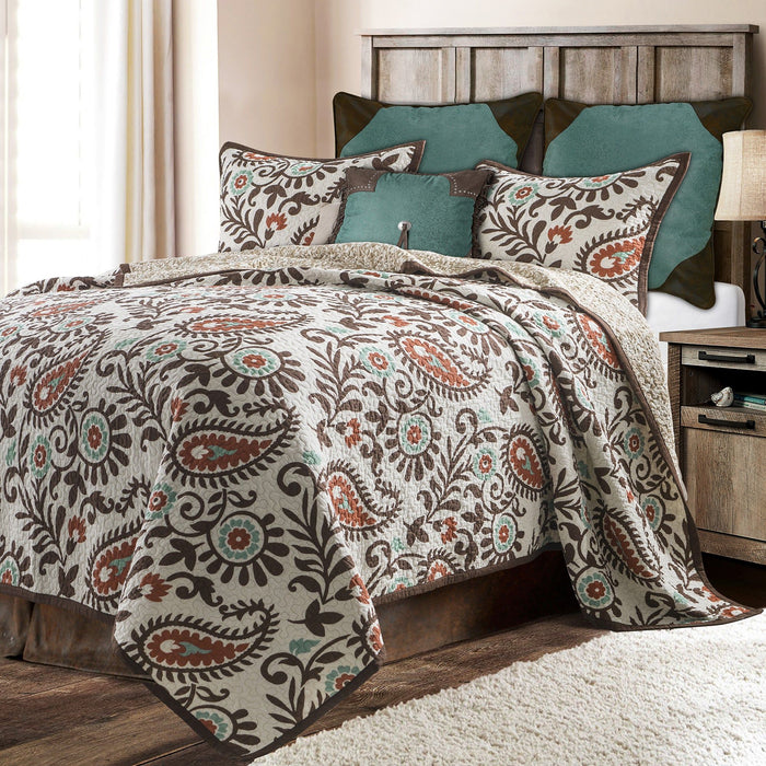 Rebecca - King Paisley Reversible Quilt Set (Set of 3) - Turquoise / Brown