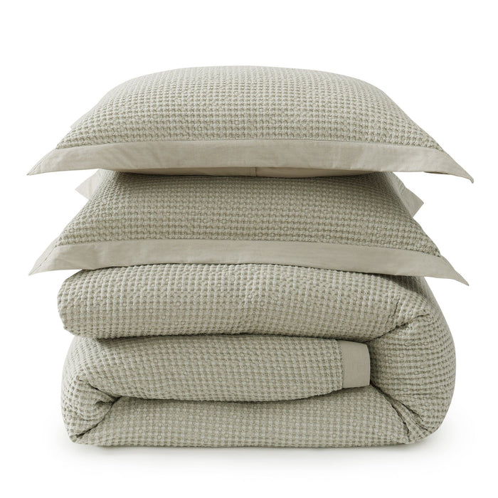 Stonewashed Cotton Waffle Weave - Queen Duvet Cover Set (Set of 3) - Light Tan
