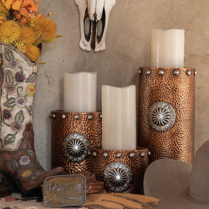 Candle Holder - Faux Hammered Copper With Concho Candle Holder Set (Set of 3), 2 Per Carton - Brown