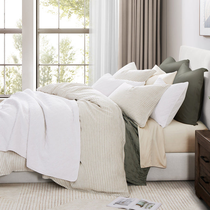100% French Flax Linen - Queen Railroad Stripe Duvet Cover Set (Set of 3) - Natural