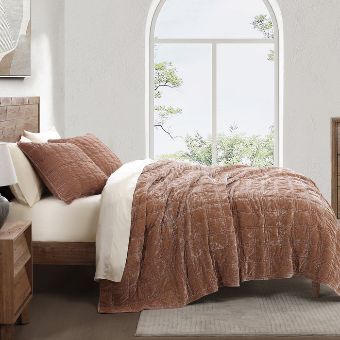 Stella - King Faux Silk Velvet Double Box Stitch Quilt Set (Set of 3) - Dusty Rose