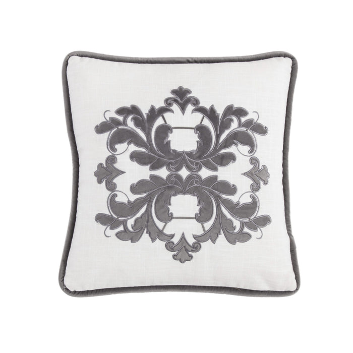 Madison - Velvet Embroidered White Square Pillow - White / Gray