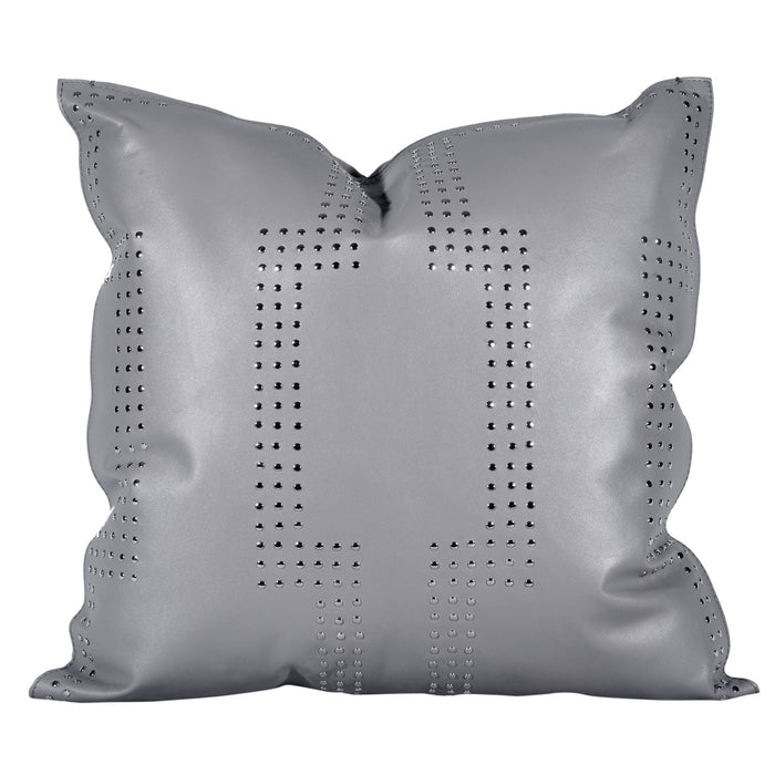 Genuine Leather - Geometric Studded Throw Pillow - Gray
