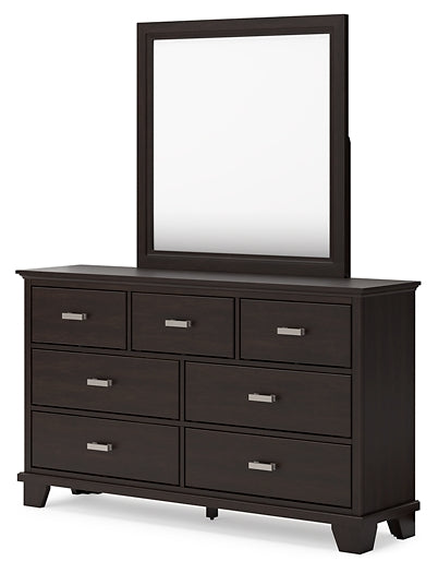 Covetown King Panel Bed with Mirrored Dresser, Chest and Nightstand