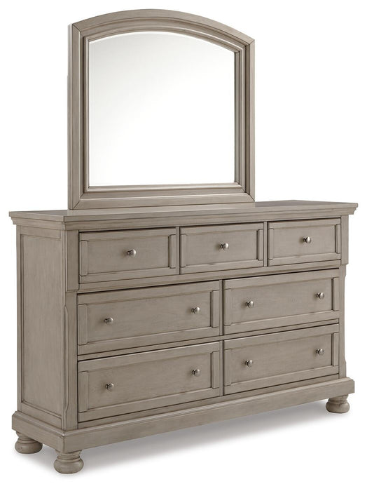 Lettner King Sleigh Bed with 2 Storage Drawers with Mirrored Dresser