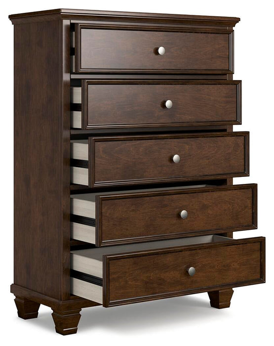 Danabrin California King Panel Bed with Mirrored Dresser, Chest and Nightstand