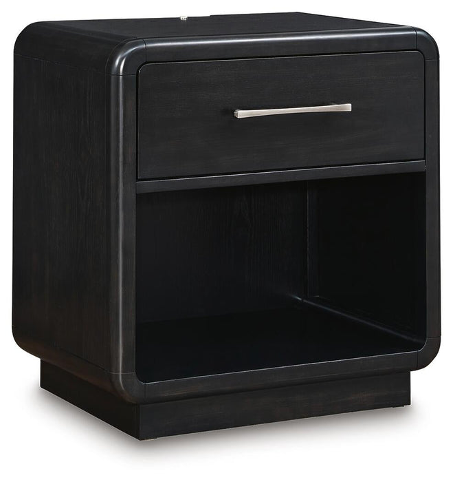Rowanbeck California King Upholstered Panel Bed, Dresser, Mirror and Nightstand