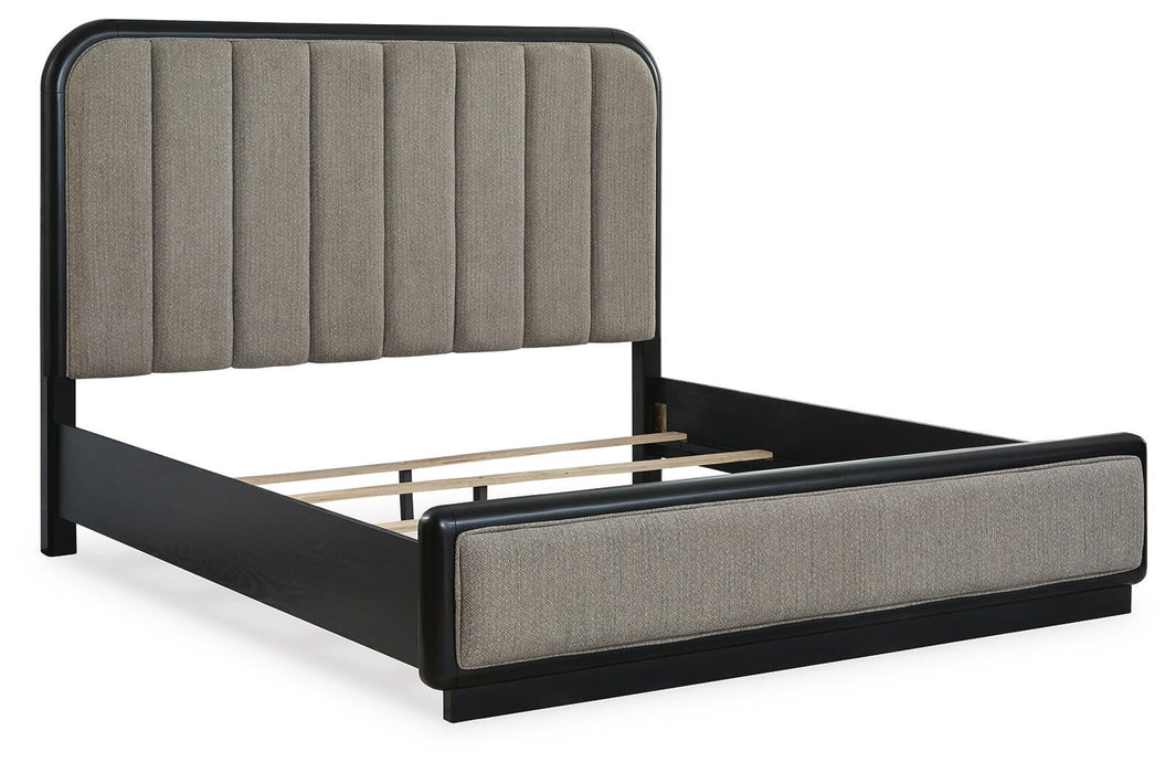 Rowanbeck King Upholstered Panel Bed, Dresser, Mirror, Chest and Nightstand