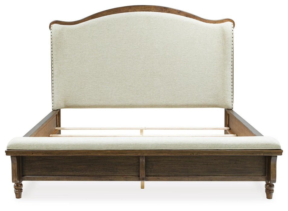 Sturlayne California King Upholstered Panel Bed, Dresser, Mirror and Nightstand