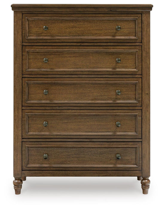 Sturlayne Queen Upholstered Panel Bed, Dresser, Mirror, Chest and Nightstand