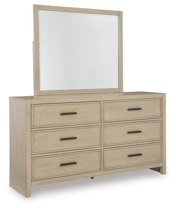 Calmoro Queen Bookcase Bed with Mirrored Dresser and Nightstand