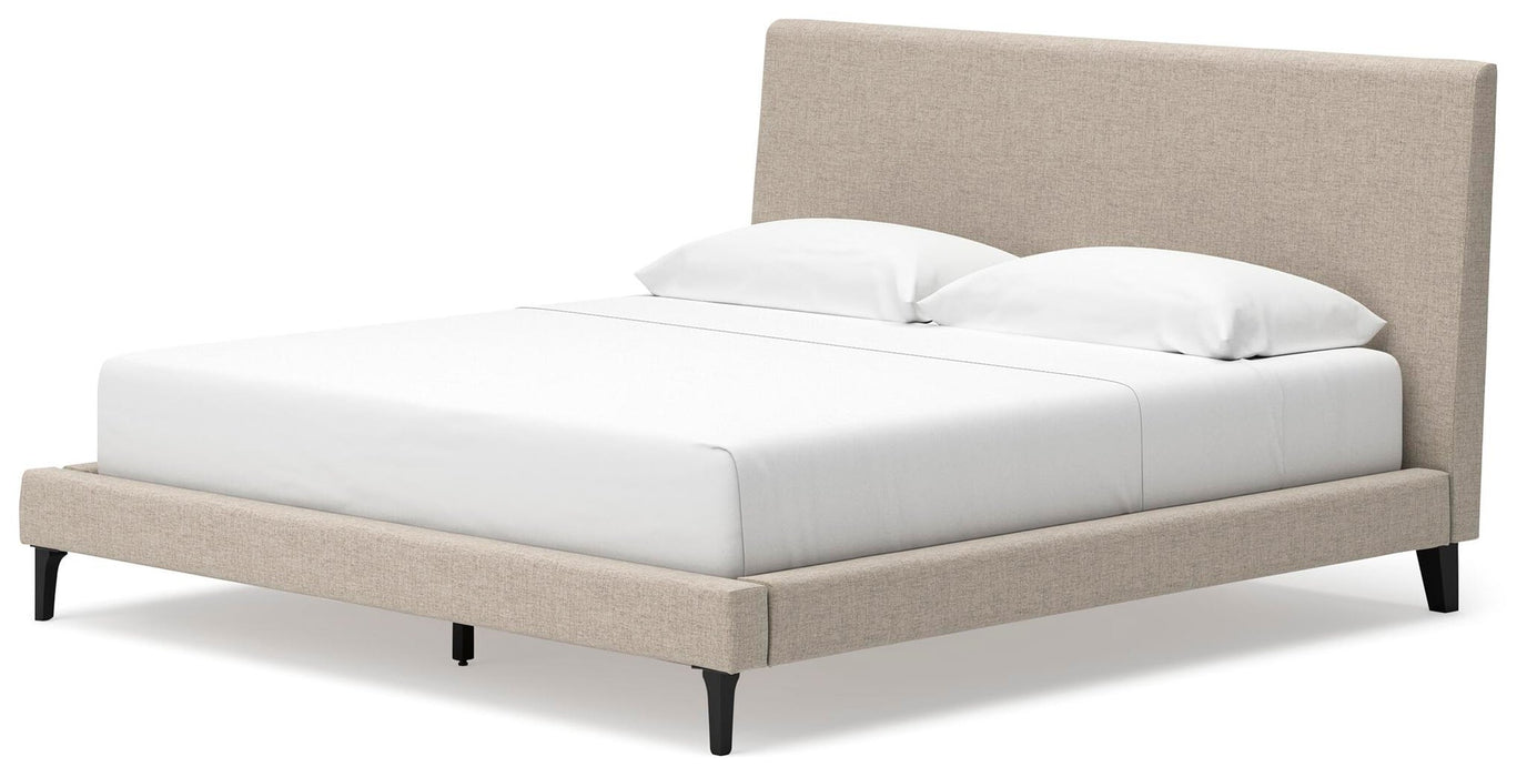 Cielden King Upholstered Bed with Roll Slats, Dresser and Mirror
