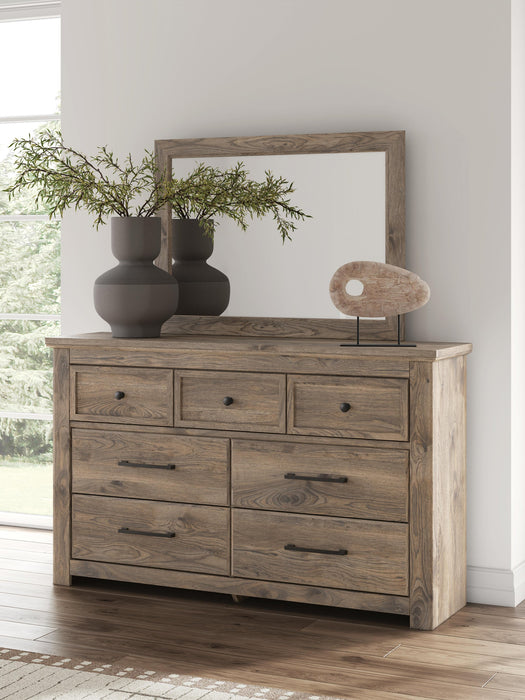 Rusticott Queen Panel Bed with Mirrored Dresser and Nightstand
